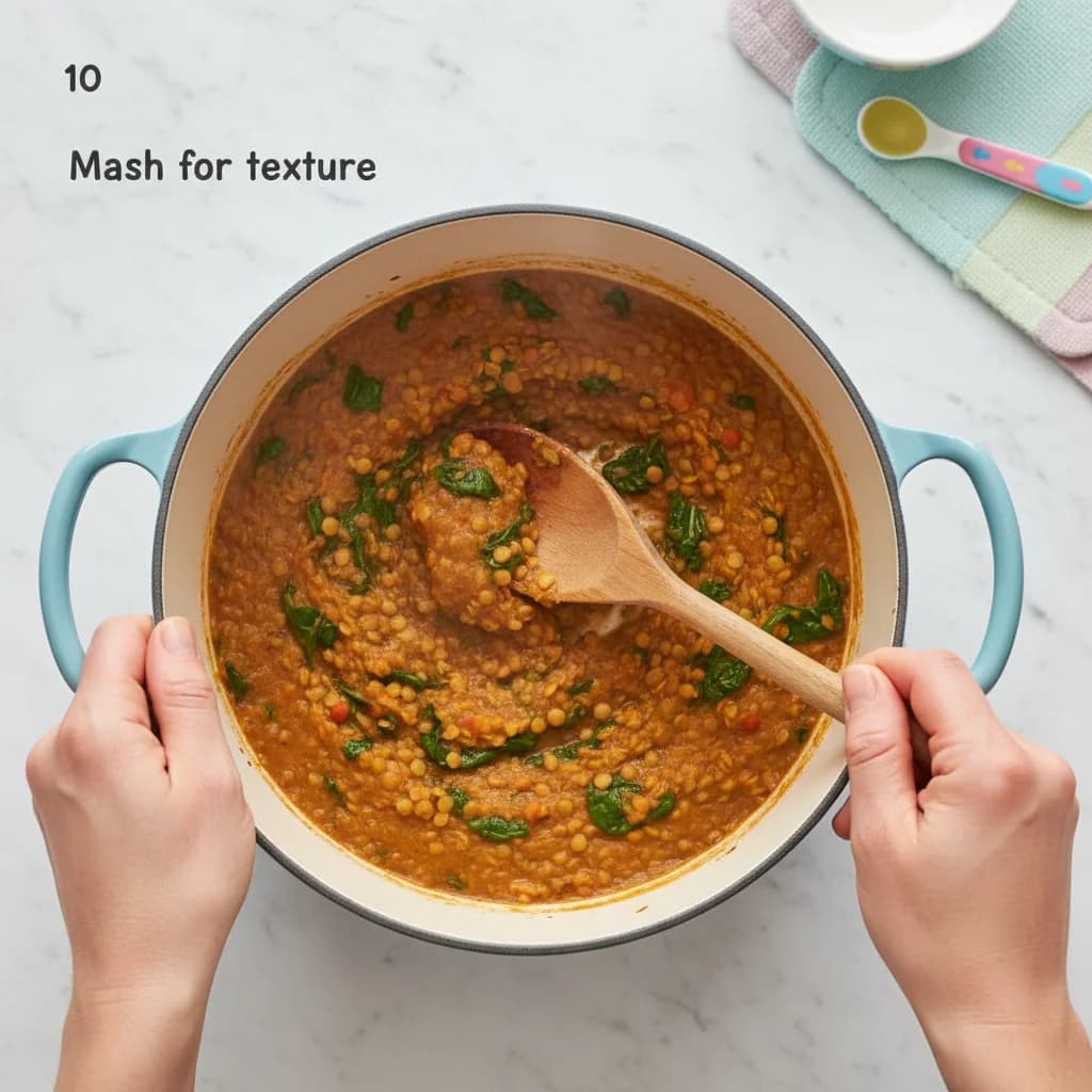 Step 10: Mash for texture: Using the back of a spoon or a fork, gently mash some of the lentils against the s for Chunky Lentil Spinach Stew (Baby Dal)