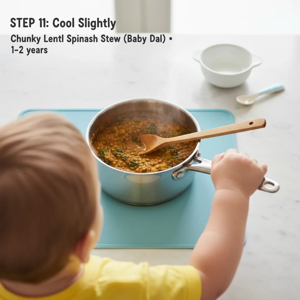 Step 11: Cool slightly: Remove the saucepan from the heat and let the stew cool slightly before serving. for Chunky Lentil Spinach Stew (Baby Dal)