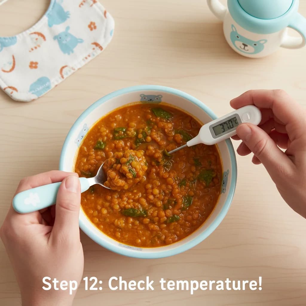 Step 12: Check temperature: Always test the temperature of the stew before feeding it to your baby to ensure for Chunky Lentil Spinach Stew (Baby Dal)