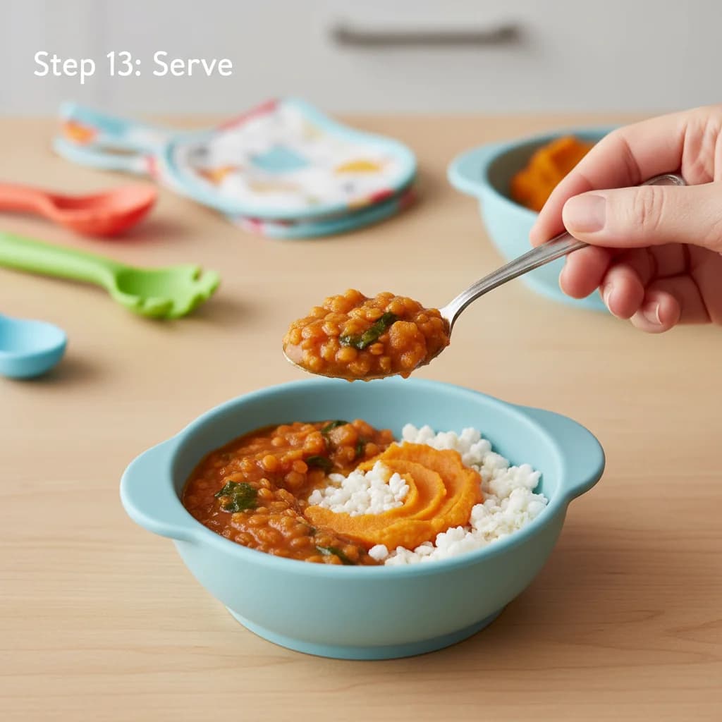 Step 13: Serve: Spoon a small amount of the lentil spinach stew into a bowl and offer it to your baby. You ca for Chunky Lentil Spinach Stew (Baby Dal)