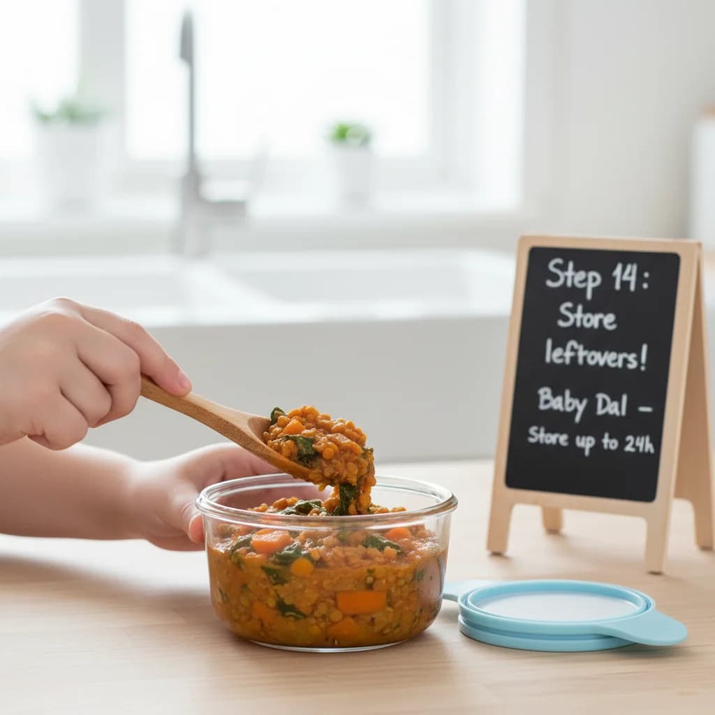 Step 14: Store leftovers: Store any leftover stew in an airtight container in the refrigerator for up to 24 h for Chunky Lentil Spinach Stew (Baby Dal)