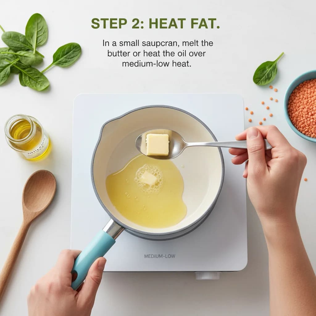 Step 2: Heat fat: In a small saucepan, melt the butter or heat the oil over medium-low heat. for Chunky Lentil Spinach Stew (Baby Dal)