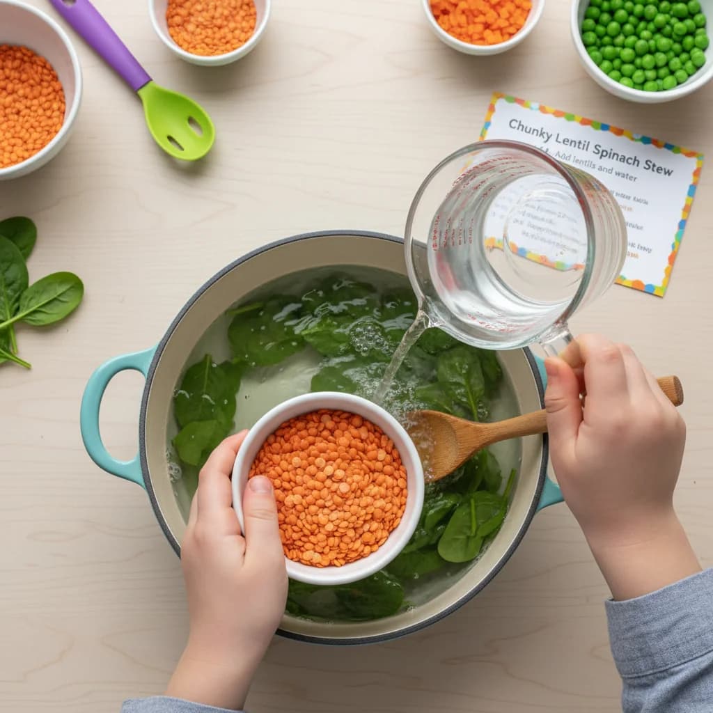 Step 4: Add lentils and water: Add the rinsed red lentils and water to the saucepan. Stir to combine. for Chunky Lentil Spinach Stew (Baby Dal)