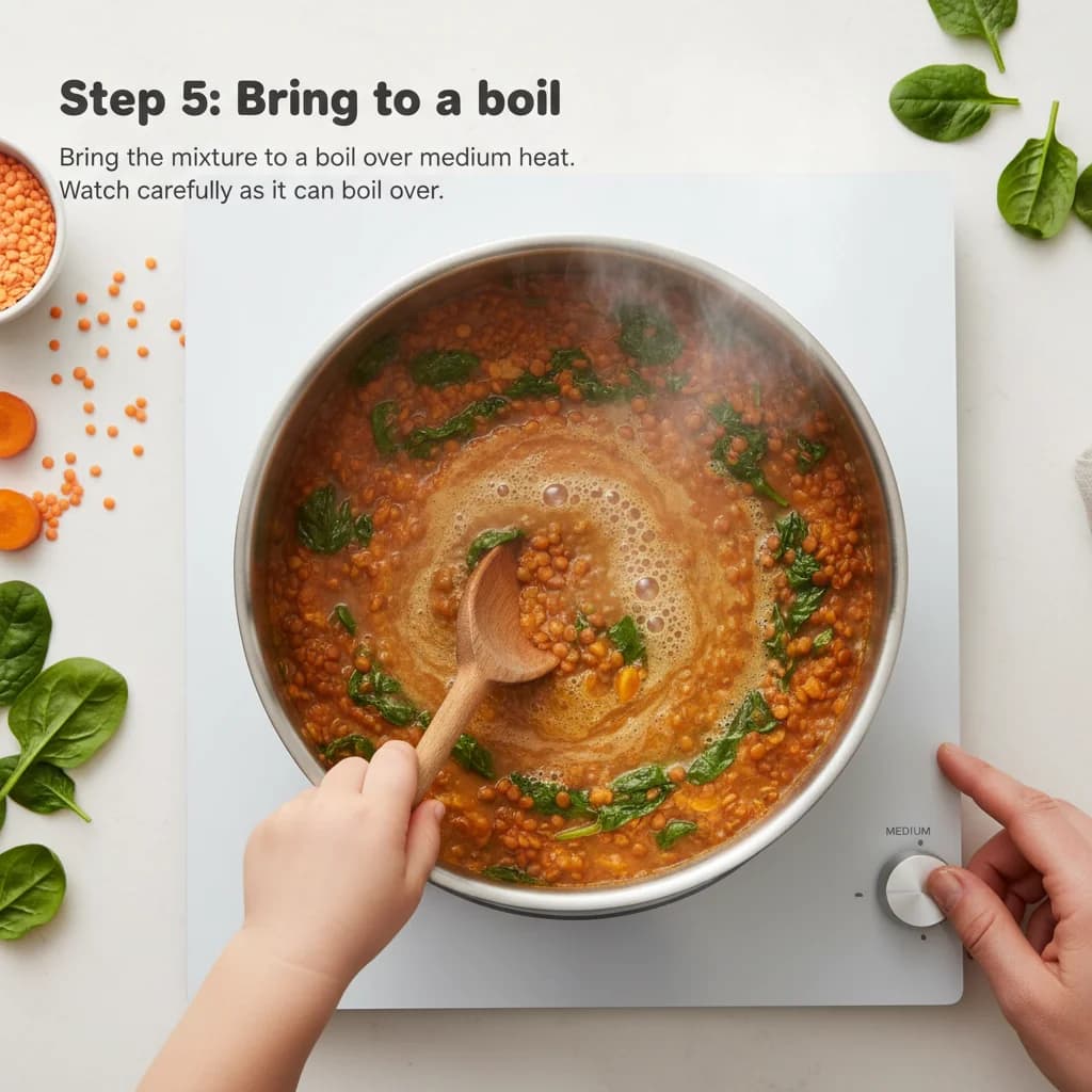Step 5: Bring to a boil: Bring the mixture to a boil over medium heat. Watch carefully as it can boil over. for Chunky Lentil Spinach Stew (Baby Dal)