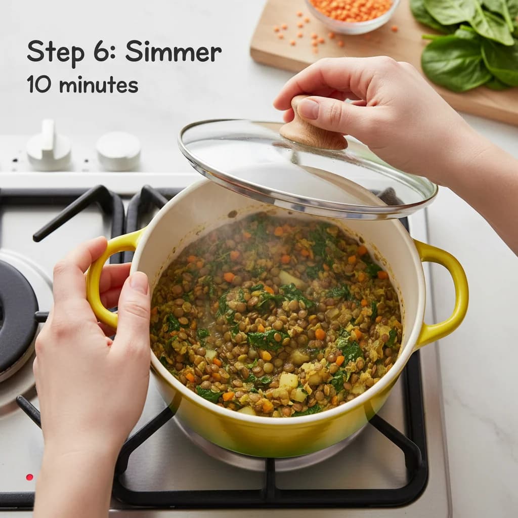Step 6: Simmer: Reduce the heat to low, cover the saucepan, and simmer for about 10 minutes, or until the le for Chunky Lentil Spinach Stew (Baby Dal)