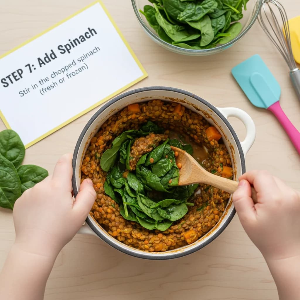 Step 7: Add spinach: Stir in the chopped spinach (fresh or frozen). for Chunky Lentil Spinach Stew (Baby Dal)