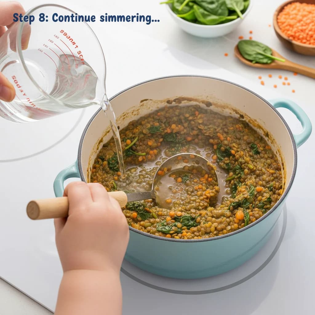 Step 8: Continue simmering: Continue to simmer for another 5 minutes, or until the spinach is wilted and com for Chunky Lentil Spinach Stew (Baby Dal)