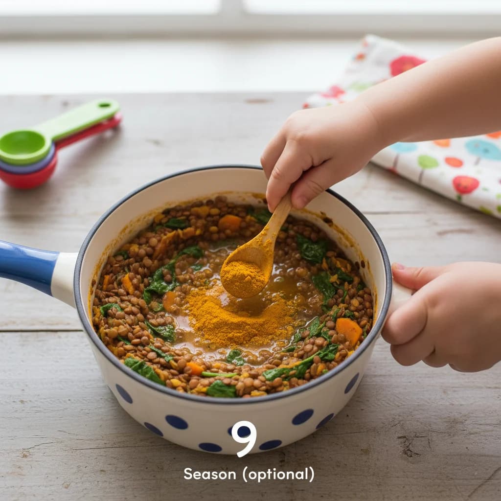 Step 9: Season (optional): Stir in the ground turmeric (if using) for a subtle flavor and golden color. for Chunky Lentil Spinach Stew (Baby Dal)