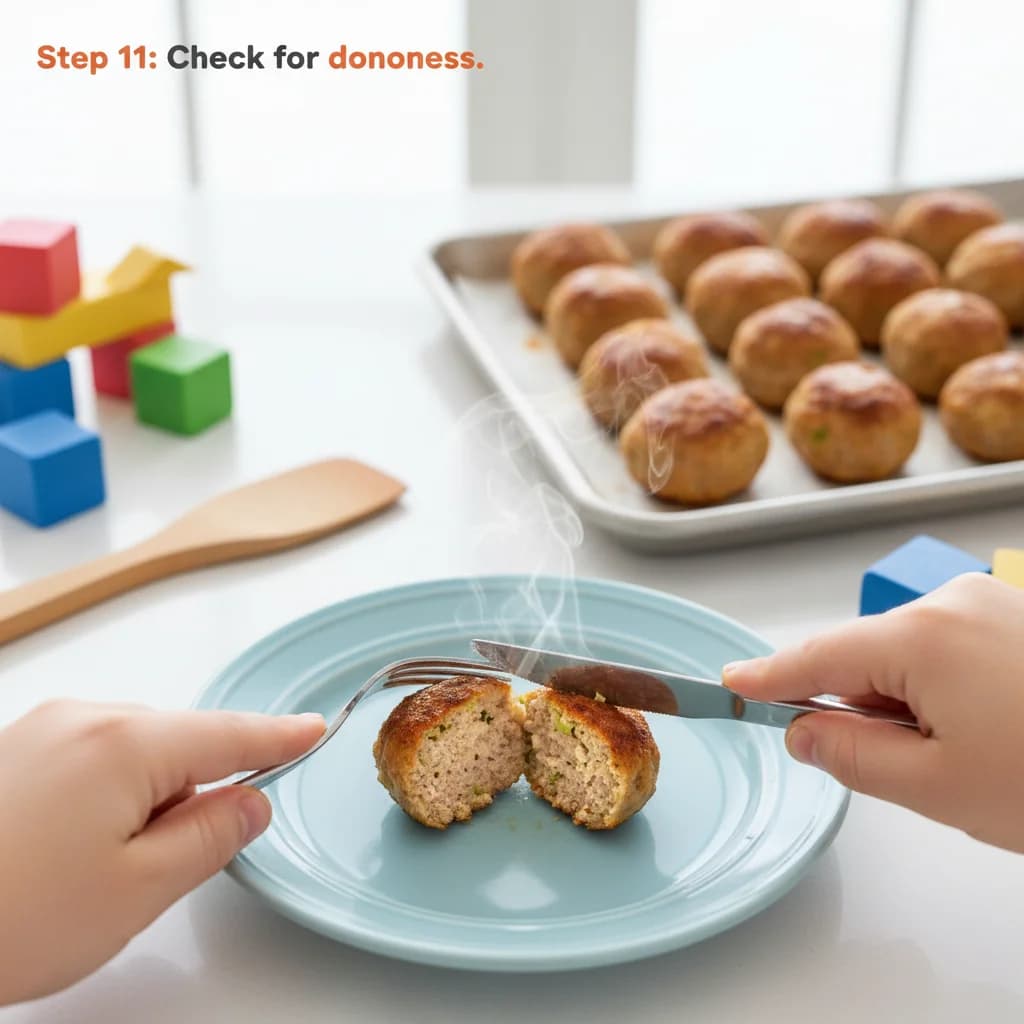 Step 11: **Step 11: Check for doneness.** Ensure the meatballs are cooked through by cutting one in half. The for Apple-Turkey Mini Meatballs