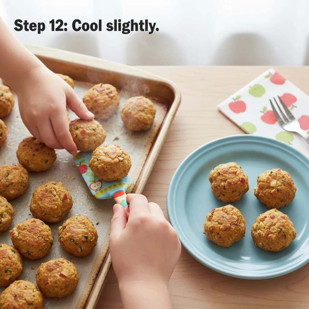 Step 12: **Step 12: Cool slightly.** Remove the meatballs from the oven (or simmering liquid) and let them co for Apple-Turkey Mini Meatballs