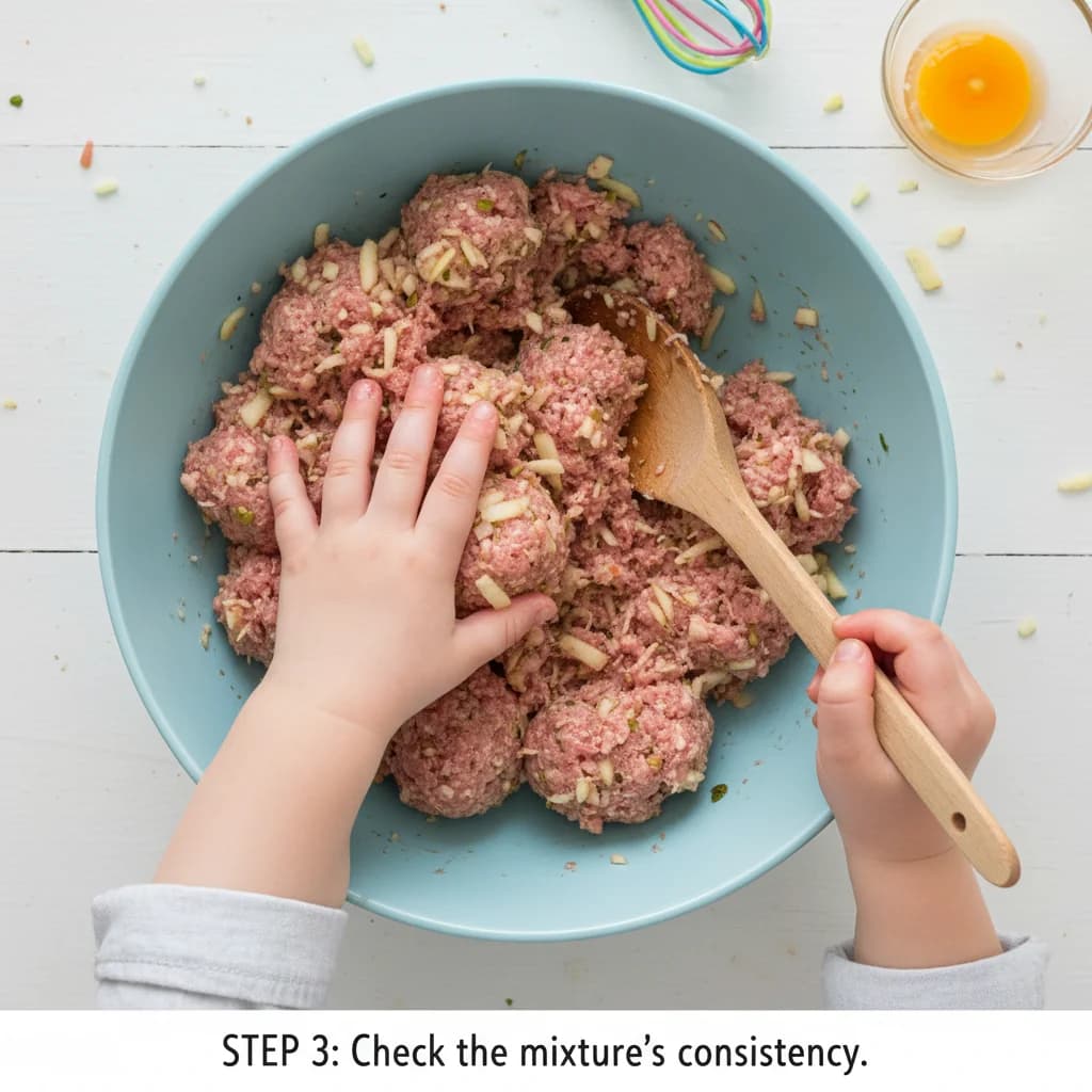 Step 3: **Step 3: Check the mixture's consistency.** Observe the mixture. The apple will add moisture. If it for Apple-Turkey Mini Meatballs