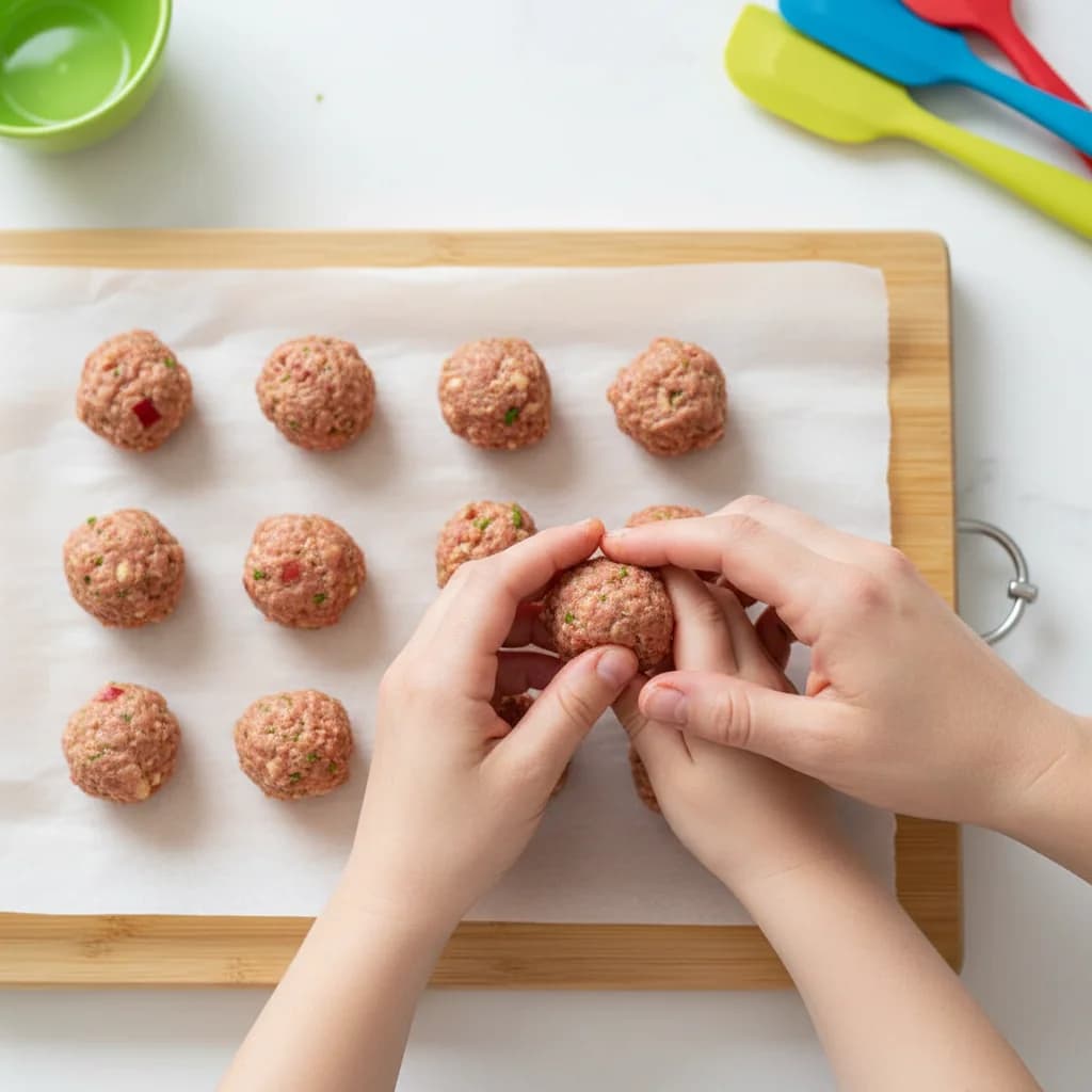 Step 7: **Step 7: Form the meatballs.** Using your hands, roll the mixture into small meatballs, about 1 inc for Apple-Turkey Mini Meatballs
