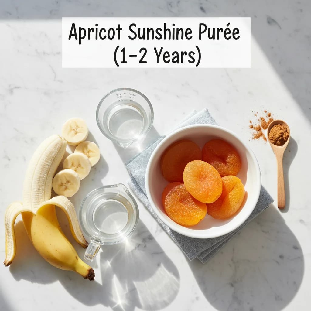 All ingredients needed for Apricot Sunshine Purée arranged on a clean surface