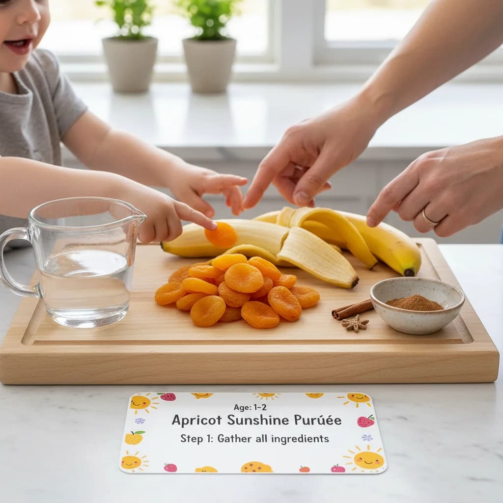 Step 1: Gather all ingredients: dried apricots, ripe banana, water, and cinnamon. for Apricot Sunshine Purée