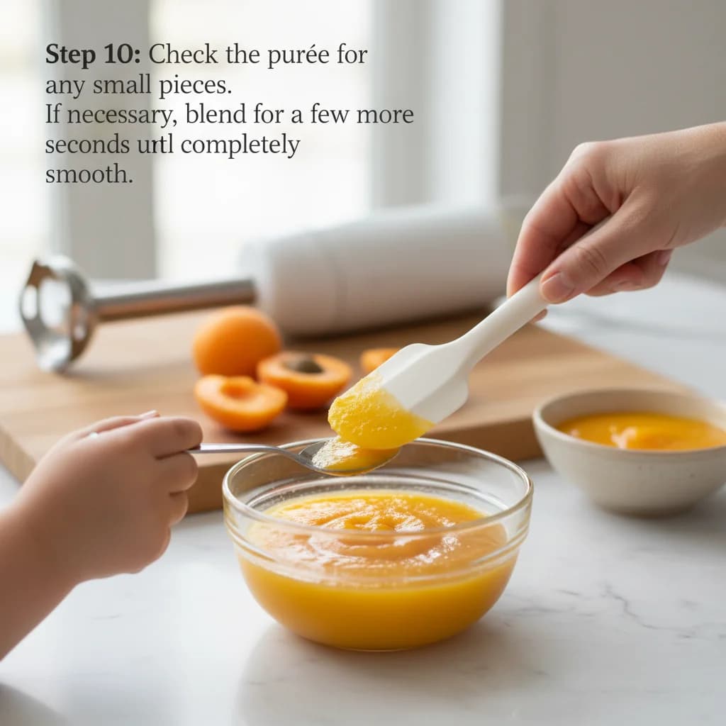Step 10: Check the purée for any small pieces. If necessary, blend for a few more seconds until completely sm for Apricot Sunshine Purée
