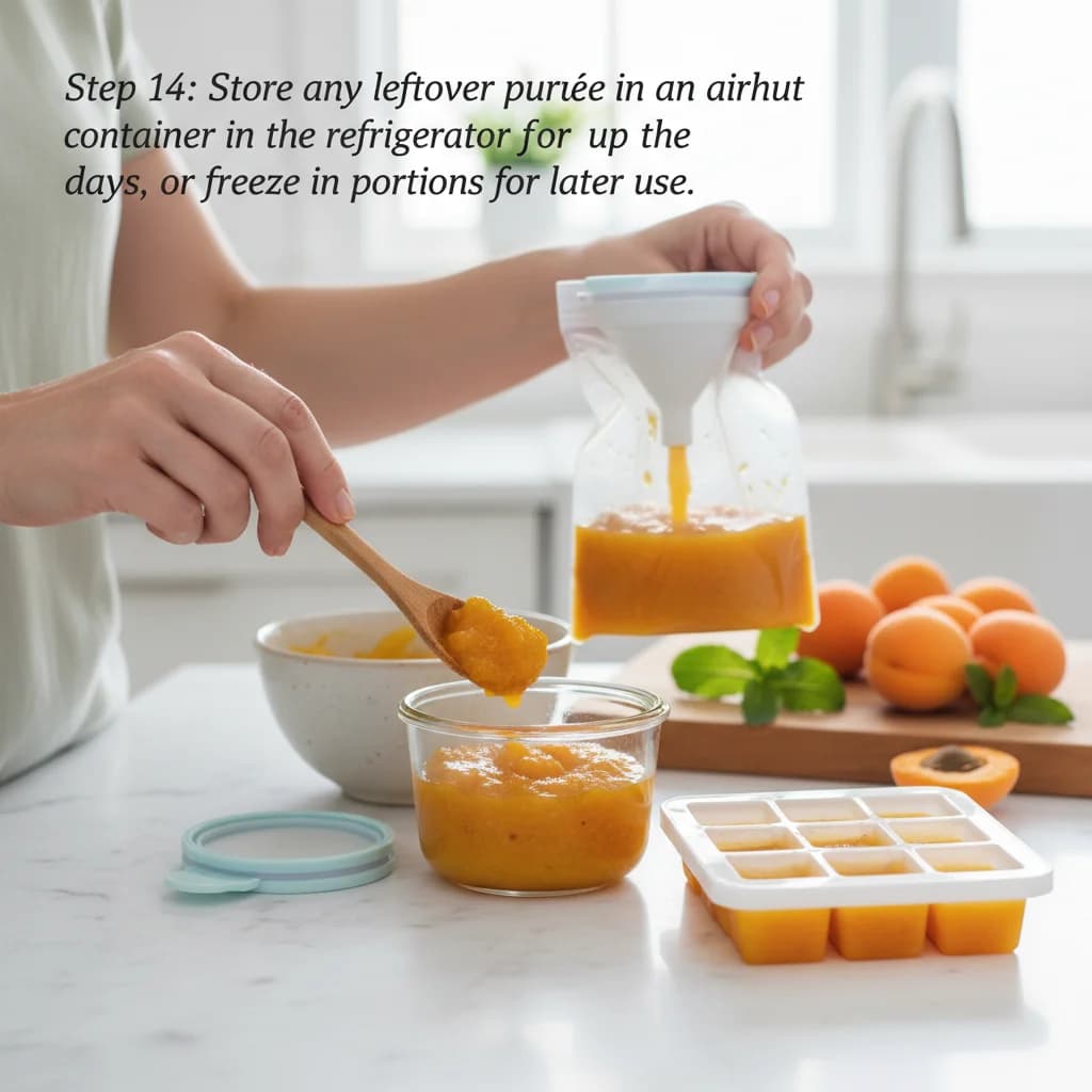 Step 14: Store any leftover purée in an airtight container in the refrigerator for up to 2 days, or freeze in for Apricot Sunshine Purée