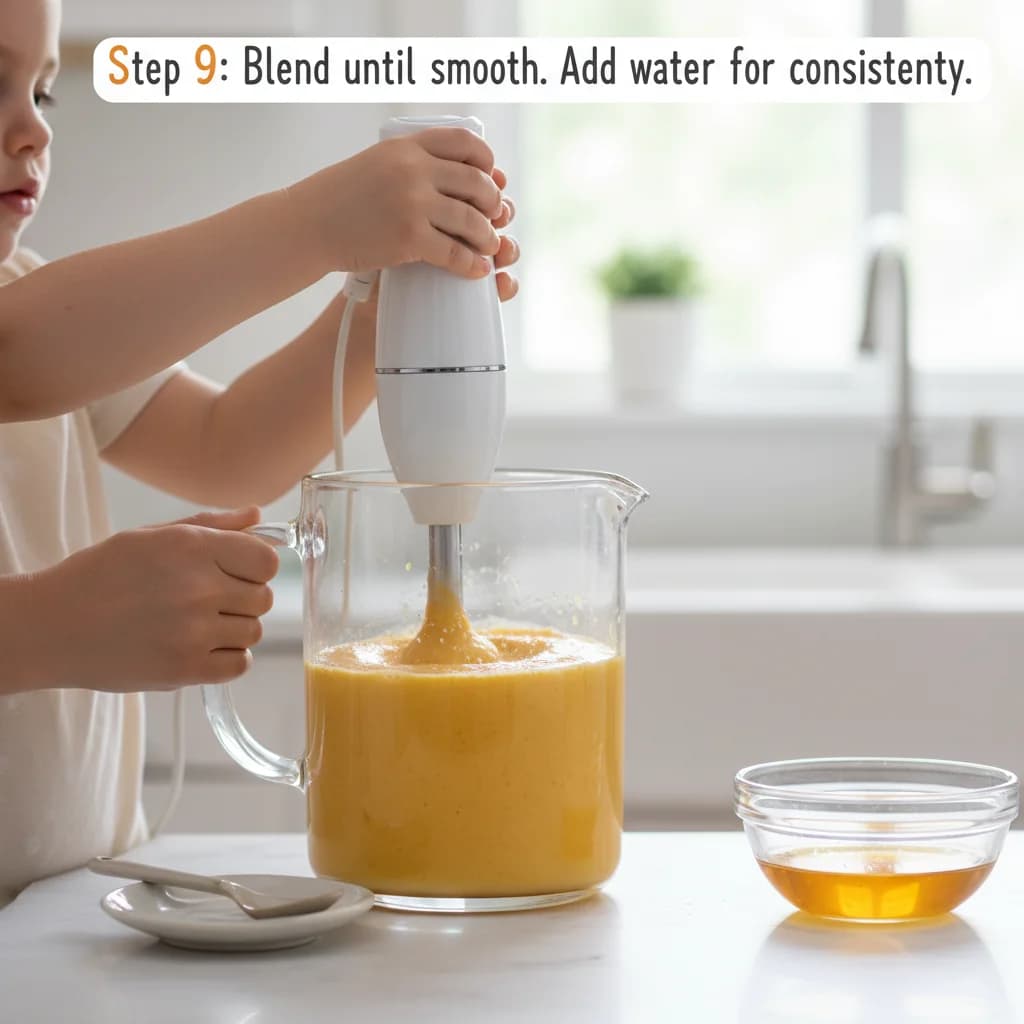 Step 9: Blend the mixture until completely smooth. If the purée is too thick, add a little more of the soaki for Apricot Sunshine Purée