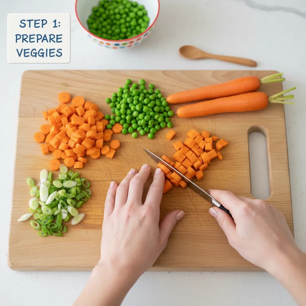Step 1: Prepare the vegetables: Finely dice the carrot, peas (if using frozen, thaw first), and green onion. for Baby's First Fried Rice (Egg & Veggie)