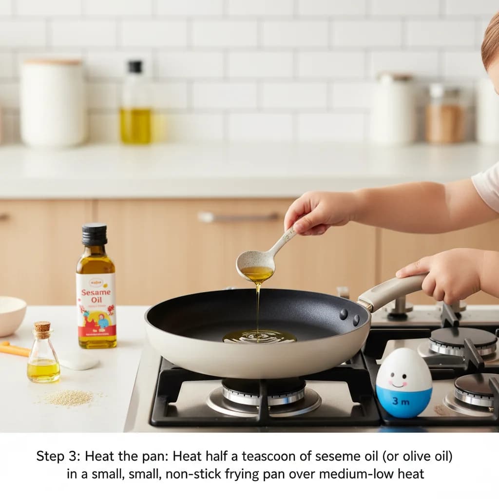 Step 3: Heat the pan: Heat half a teaspoon of sesame oil (or olive oil) in a small, non-stick frying pan ove for Baby's First Fried Rice (Egg & Veggie)