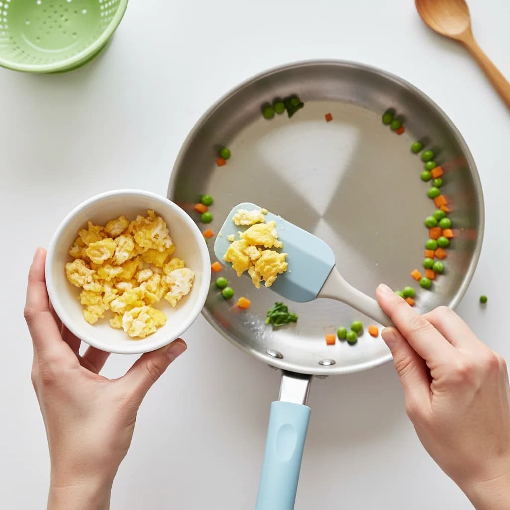 Step 5: Remove the egg: Once the egg is fully cooked and broken into small pieces, remove it from the pan an for Baby's First Fried Rice (Egg & Veggie)