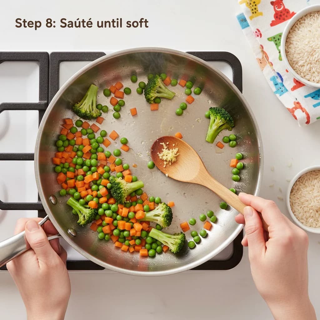 Step 8: Sauté until soft: Sauté the vegetables for 2-3 minutes, stirring frequently, until the carrot is sli for Baby's First Fried Rice (Egg & Veggie)