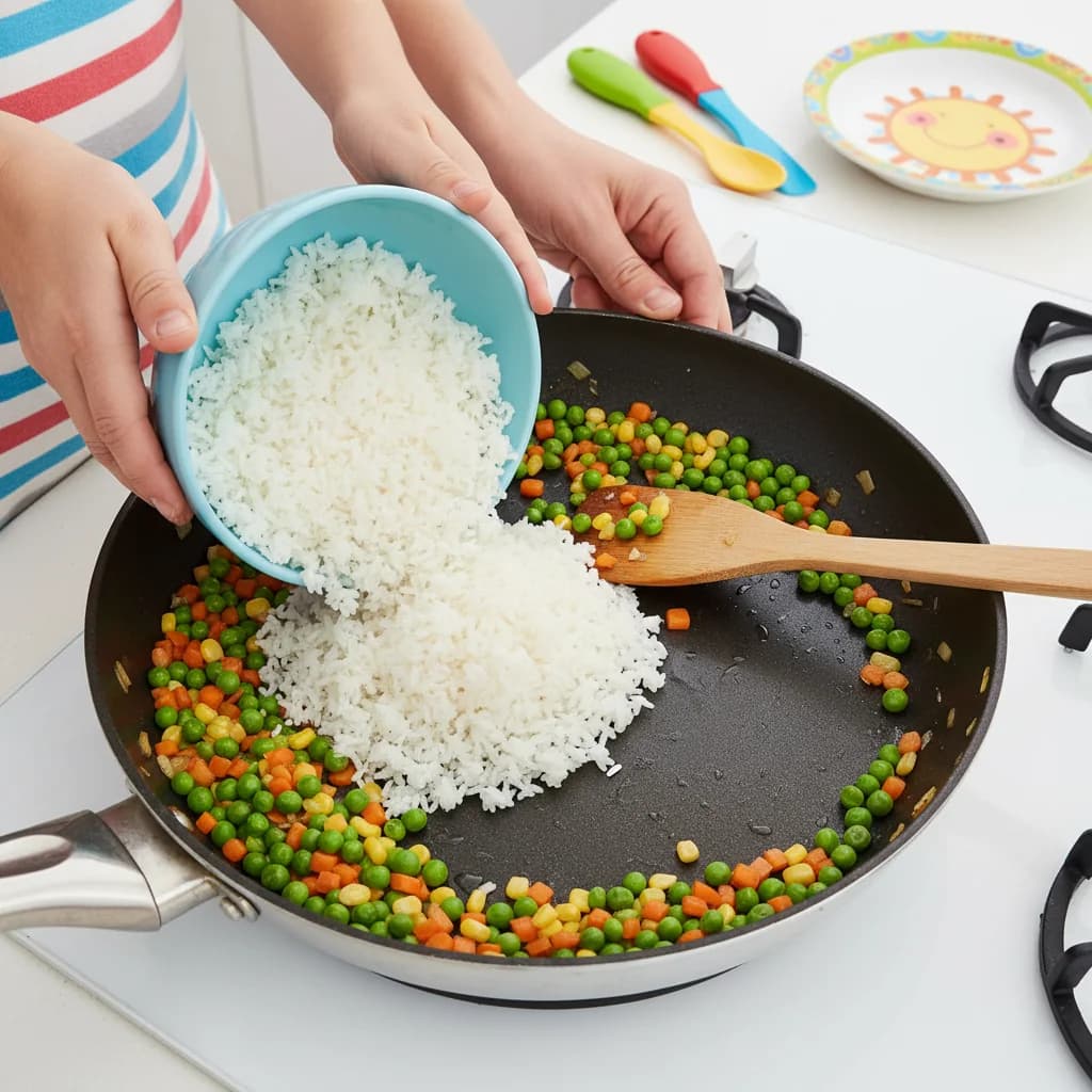 Step 9: Add the rice: Add the cooked rice to the pan with the sautéed vegetables. for Baby's First Fried Rice (Egg & Veggie)
