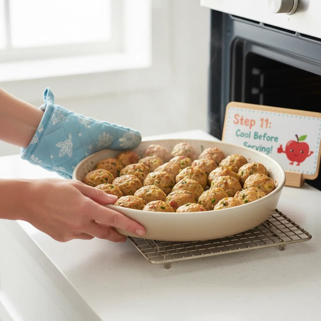 Step 11: Remove the meatballs from the oven (or saucepan) and let them cool slightly before serving. Cooling for Apple-licious Turkey Bites