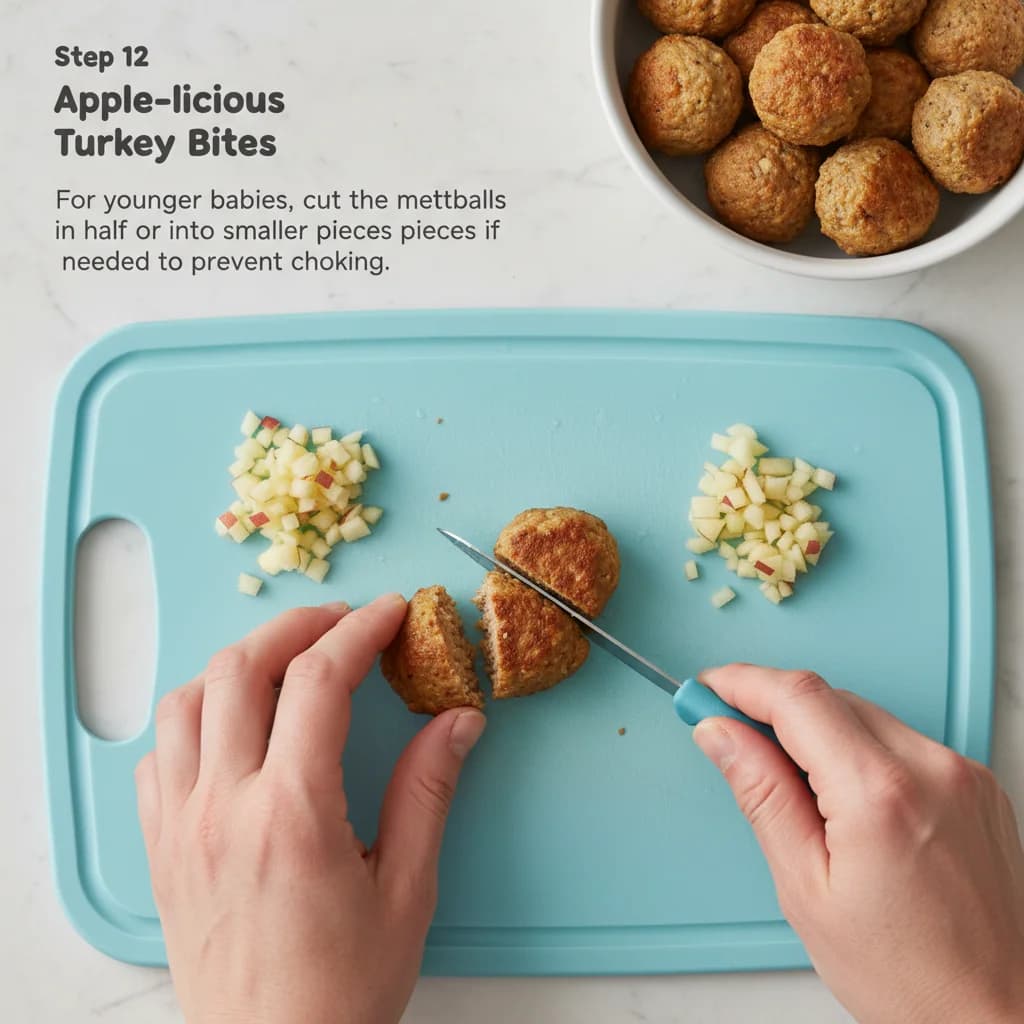 Step 12: For younger babies, cut the meatballs in half or into smaller pieces if needed to prevent choking. for Apple-licious Turkey Bites