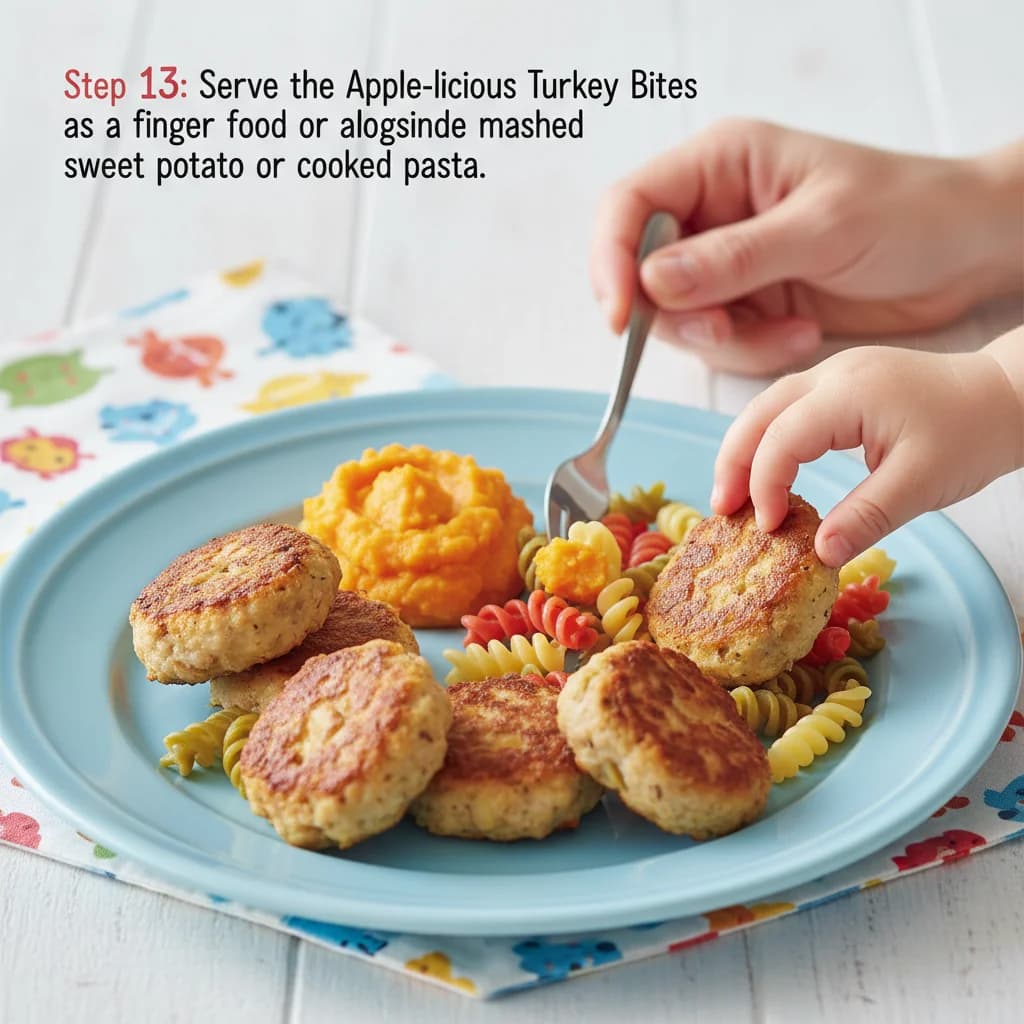 Step 13: Serve the Apple-licious Turkey Bites as a finger food or alongside mashed sweet potato or cooked pas for Apple-licious Turkey Bites