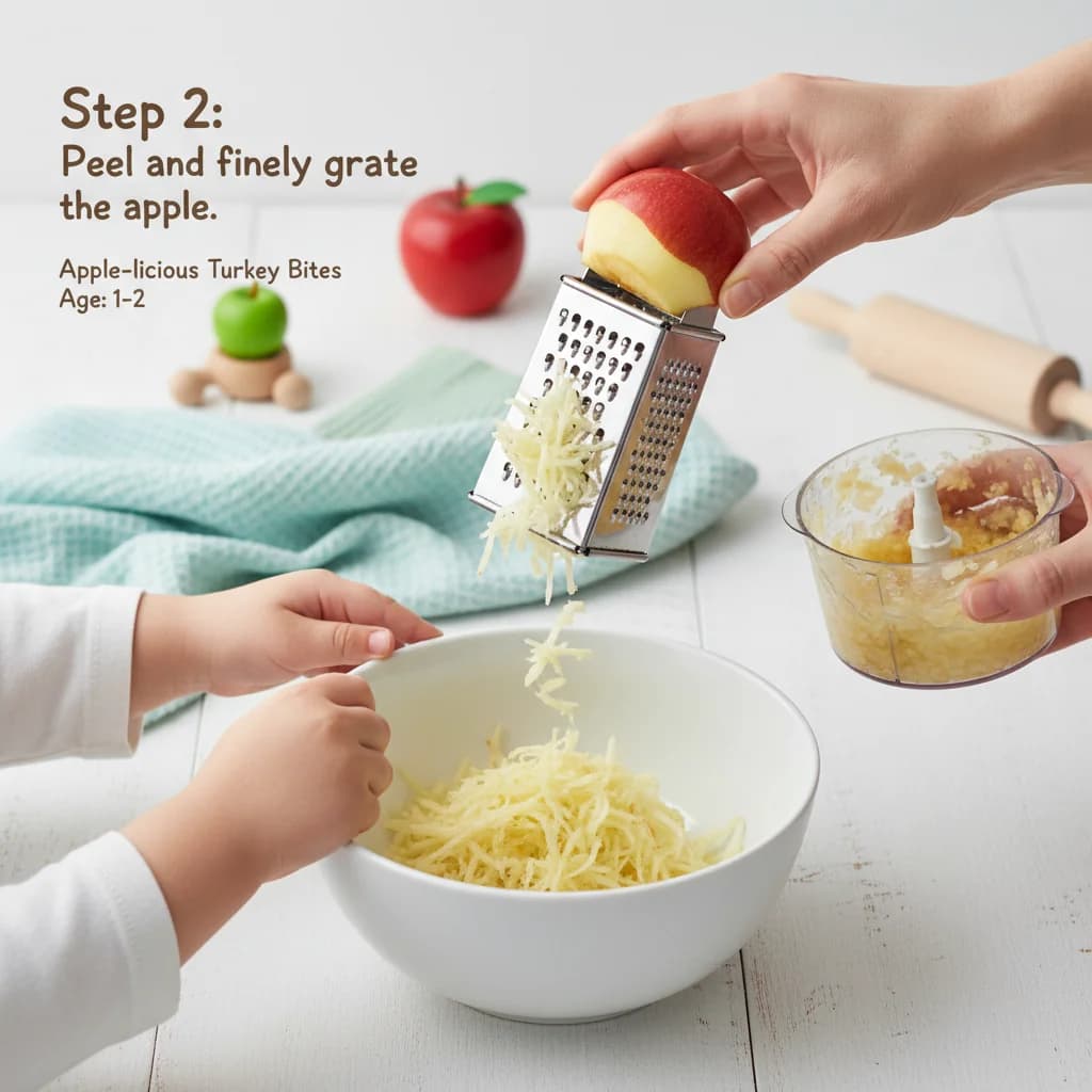 Step 2: Peel and finely grate the apple using a grater or food processor. Ensure it's finely grated to avoid for Apple-licious Turkey Bites