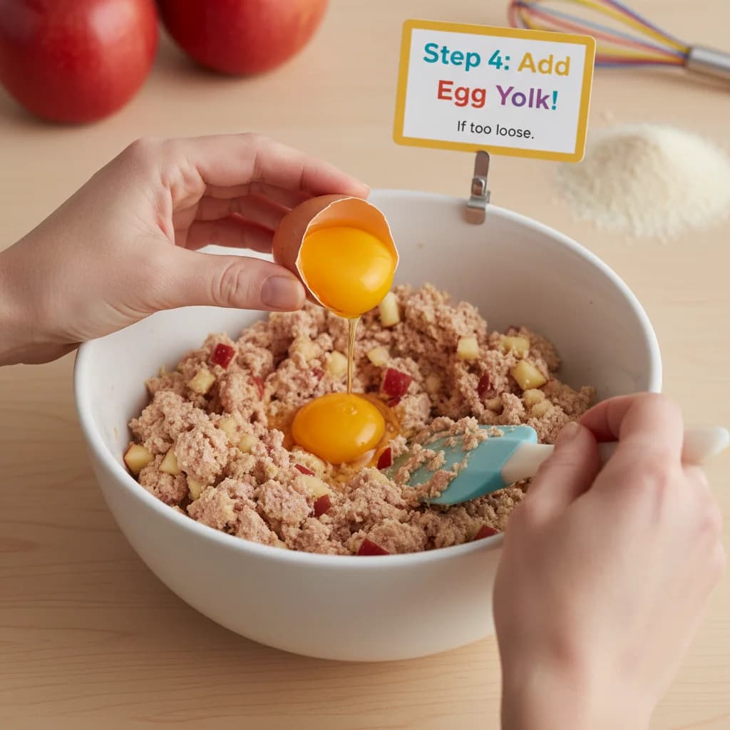 Step 4: If the mixture seems too loose and doesn't hold its shape well, add the egg yolk. If it seems firm e for Apple-licious Turkey Bites