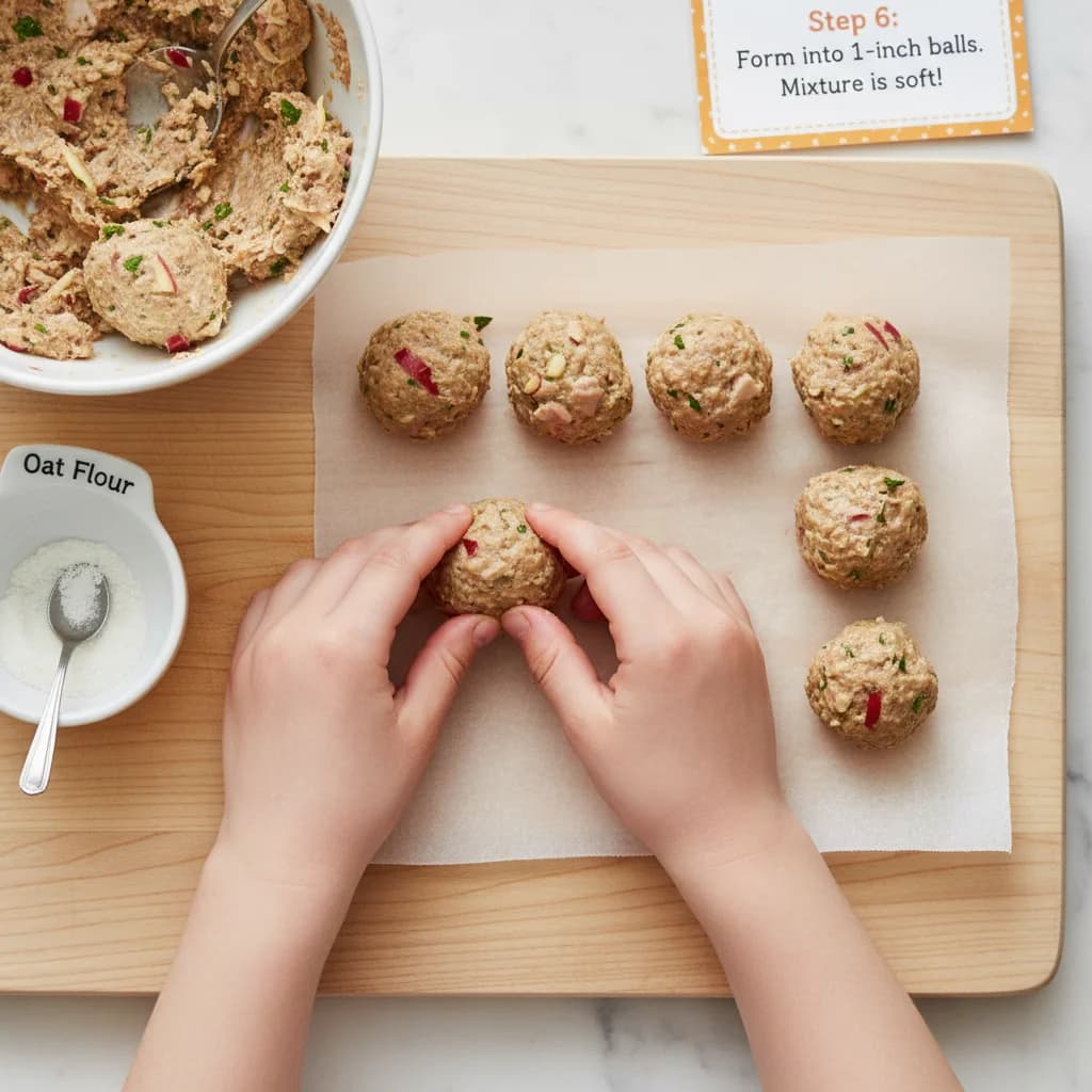 Step 6: Using your hands, gently form the mixture into small meatballs, about 1 inch in diameter. The mixtur for Apple-licious Turkey Bites