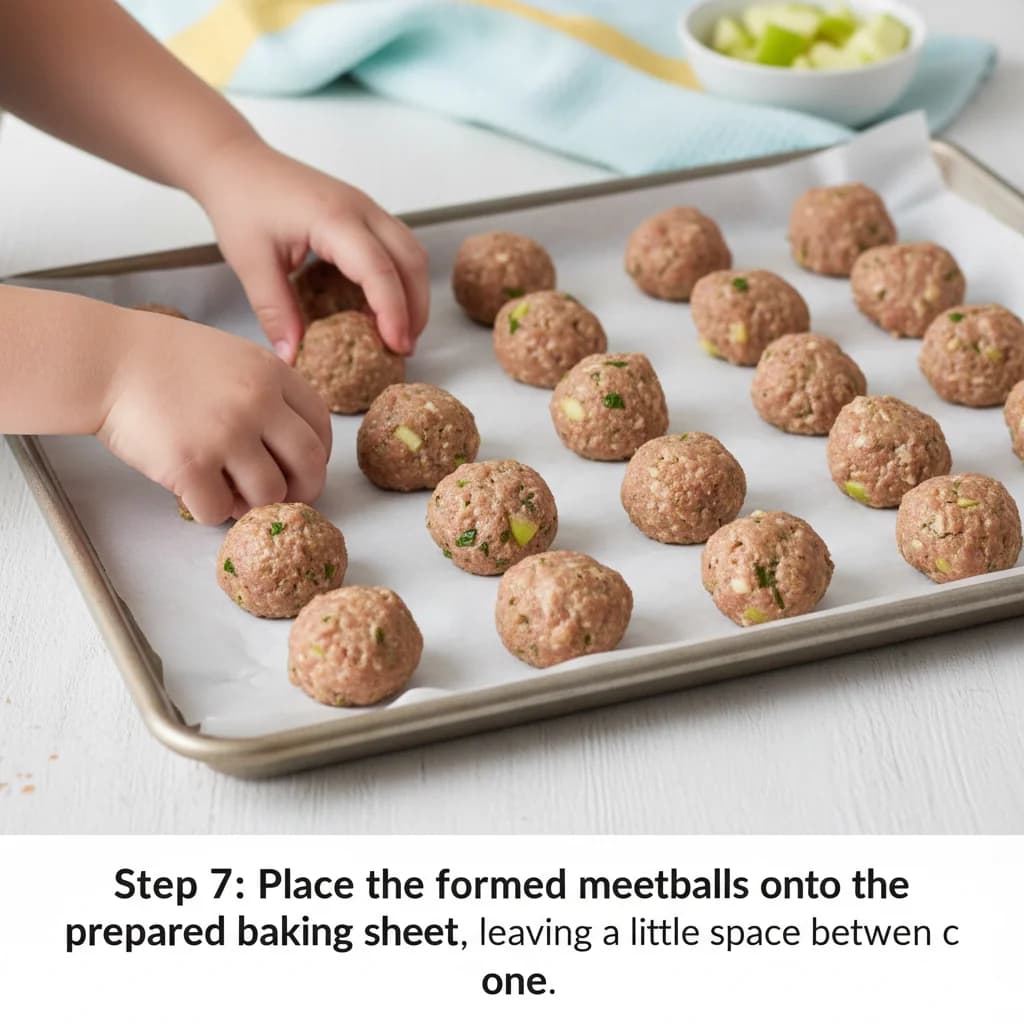 Step 7: Place the formed meatballs onto the prepared baking sheet, leaving a little space between each one. for Apple-licious Turkey Bites