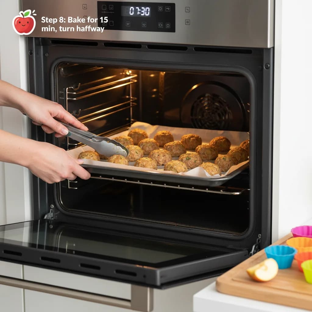 Step 8: Bake in the preheated oven for approximately 15 minutes, turning the meatballs once halfway through. for Apple-licious Turkey Bites