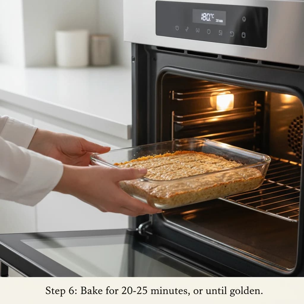 Step 6: Place the baking dish in the preheated oven and bake for 20-25 minutes, or until the edges are light for Apple Cinnamon Oatmeal Fingers