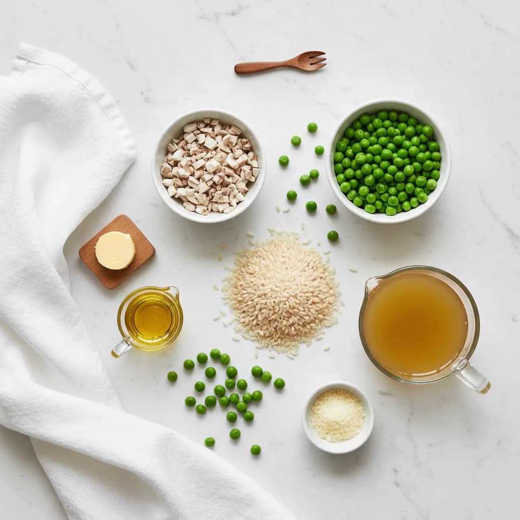 All ingredients needed for Mushroom & Pea Creamy Rice (Baby Risotto) arranged on a clean surface