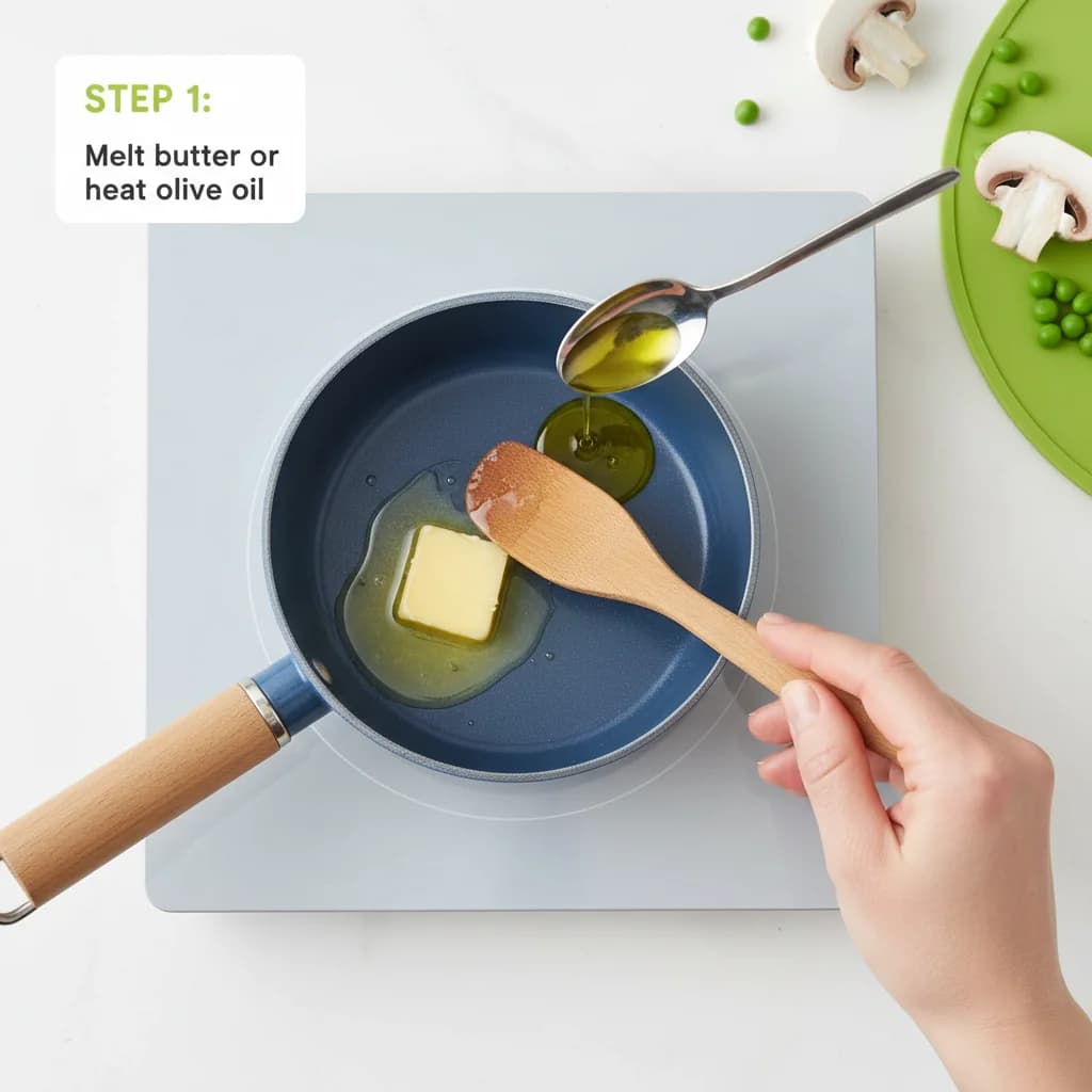 Step 1: Melt butter or heat olive oil in a small saucepan over medium heat. for Mushroom & Pea Creamy Rice (Baby Risotto)