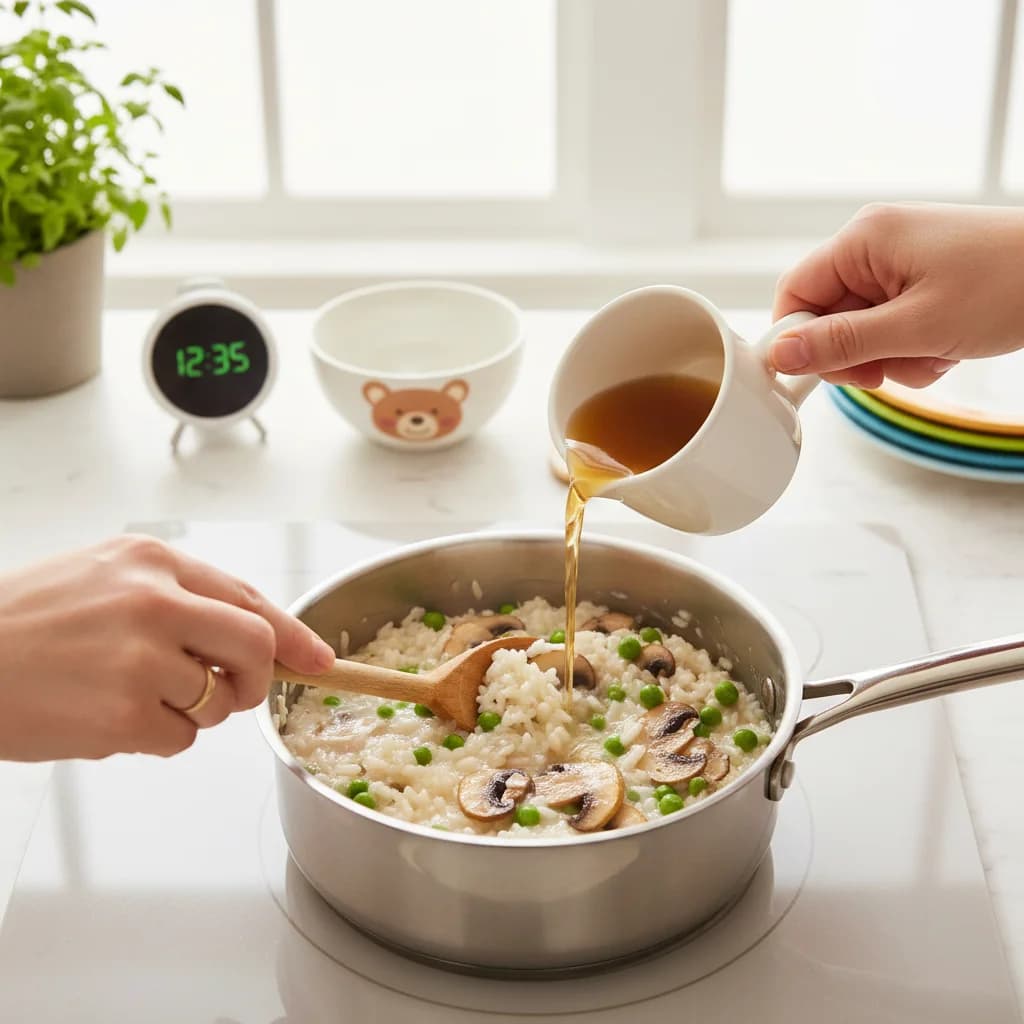 Step 11: Repeat adding broth in small increments and stirring frequently, until the rice is very tender and c for Mushroom & Pea Creamy Rice (Baby Risotto)