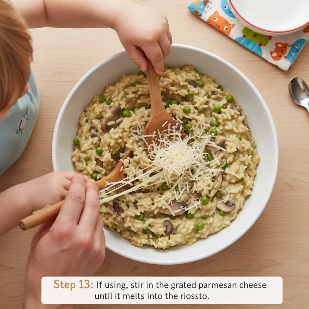 Step 13: If using, stir in the grated parmesan cheese until it melts into the risotto. for Mushroom & Pea Creamy Rice (Baby Risotto)