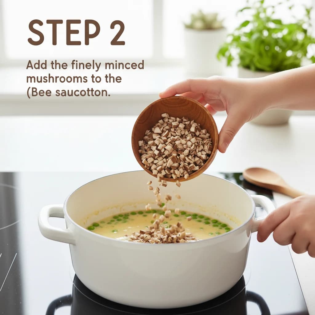 Step 2: Add the finely minced mushrooms to the saucepan. for Mushroom & Pea Creamy Rice (Baby Risotto)