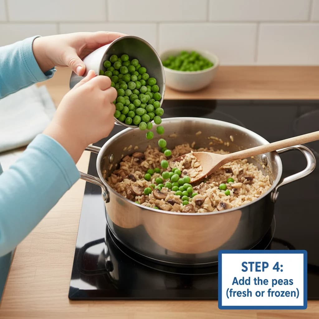 Step 4: Add the peas (fresh or frozen) to the saucepan with the mushrooms. for Mushroom & Pea Creamy Rice (Baby Risotto)