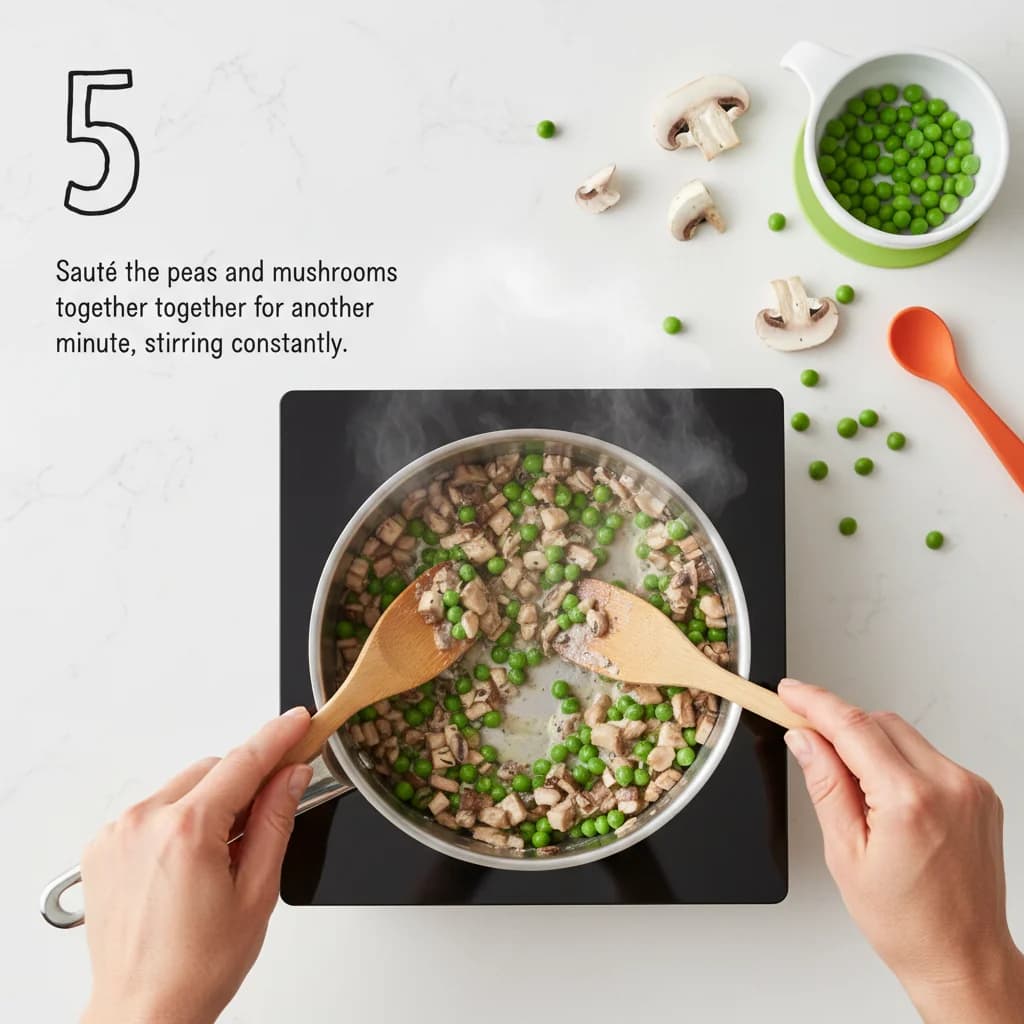 Step 5: Sauté the peas and mushrooms together for another minute, stirring constantly. for Mushroom & Pea Creamy Rice (Baby Risotto)