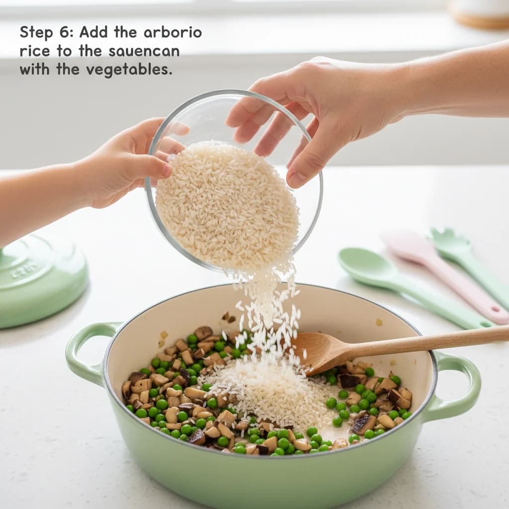 Step 6: Add the arborio rice to the saucepan with the vegetables. for Mushroom & Pea Creamy Rice (Baby Risotto)