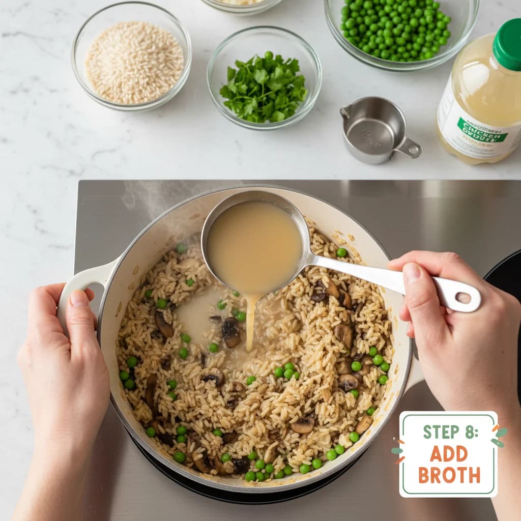 Step 8: Pour in 1/2 cup of the low-sodium broth (or water) into the saucepan. for Mushroom & Pea Creamy Rice (Baby Risotto)