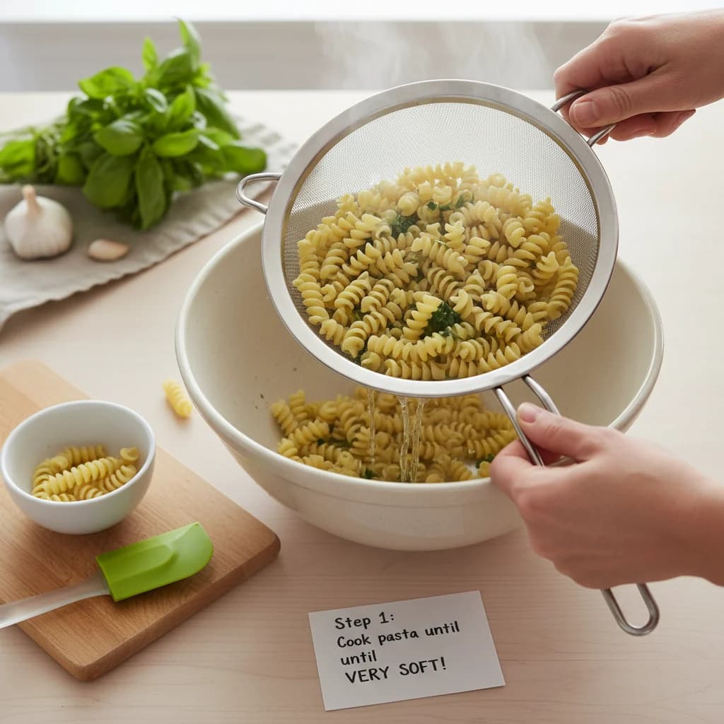 Step 1: Cook the pasta according to package directions until very soft. Drain and set aside to cool slightly for Baby's First Pesto Pasta (Spinach Basil Delight)