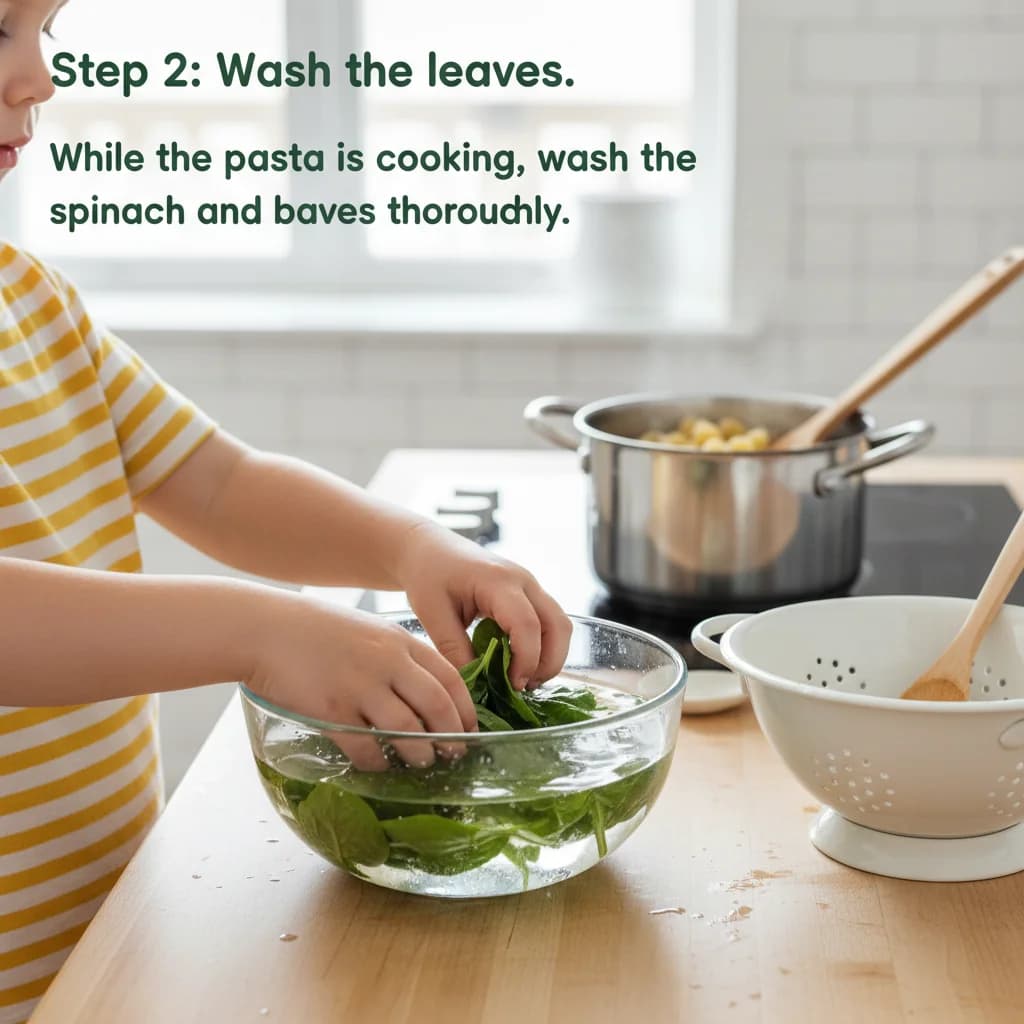 Step 2: While the pasta is cooking, wash the spinach and basil leaves thoroughly. for Baby's First Pesto Pasta (Spinach Basil Delight)