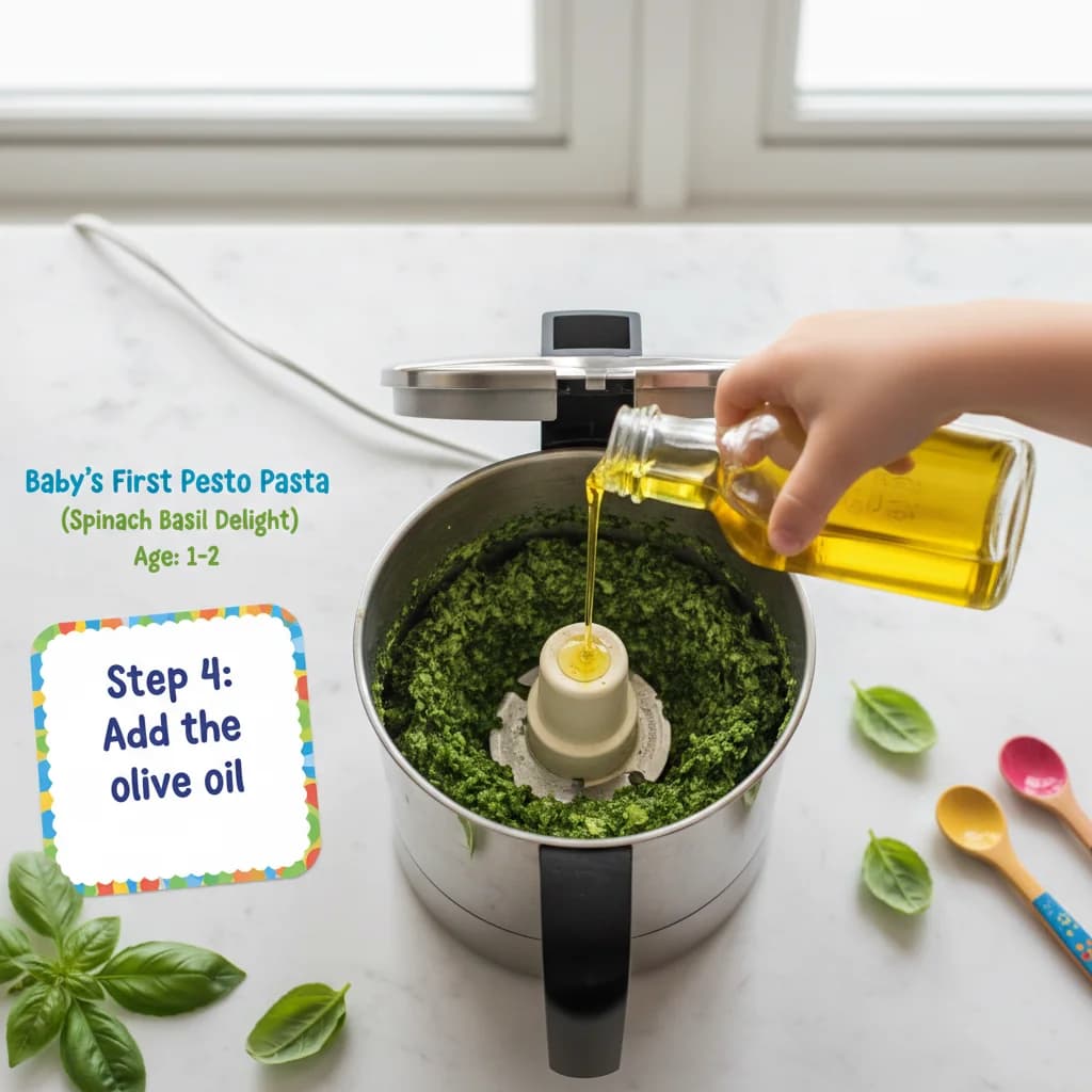 Step 4: Add the olive oil to the food processor. for Baby's First Pesto Pasta (Spinach Basil Delight)