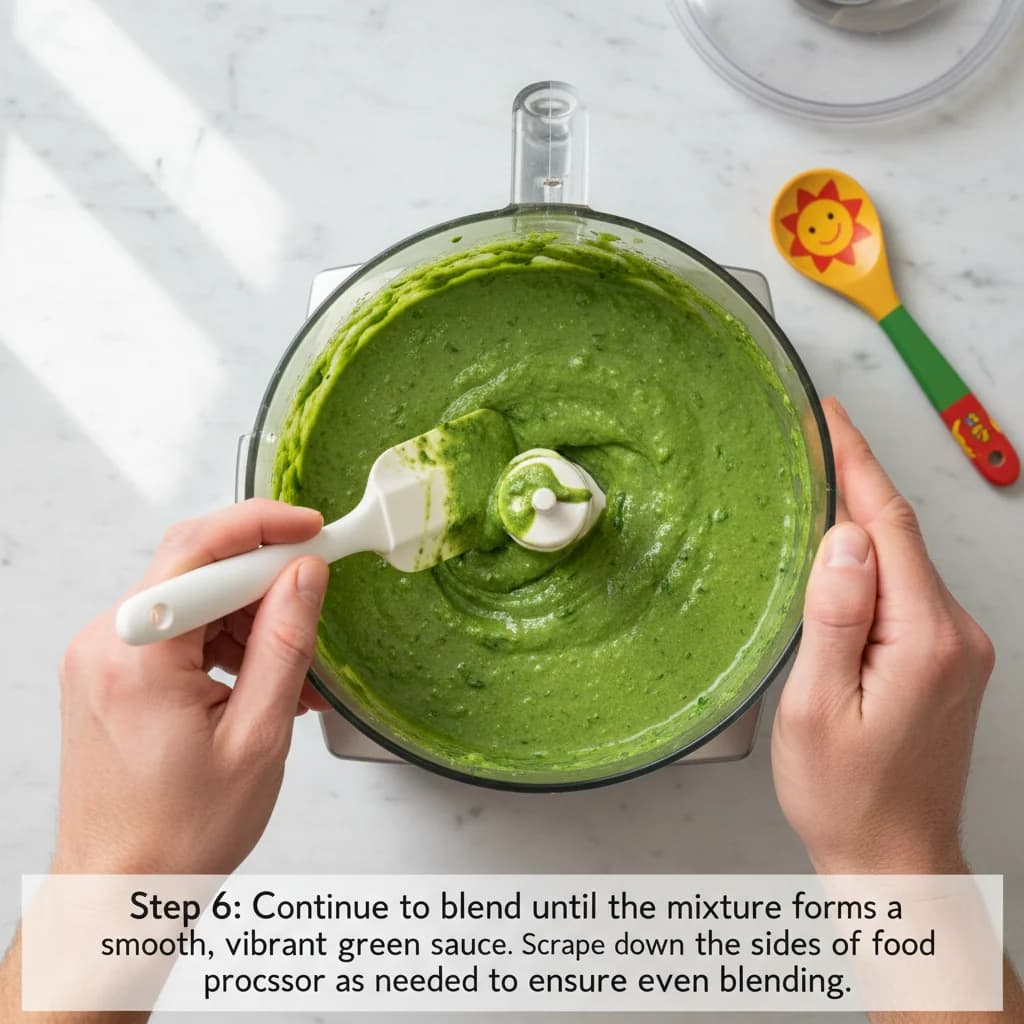 Step 6: Continue to blend until the mixture forms a smooth, vibrant green sauce. Scrape down the sides of th for Baby's First Pesto Pasta (Spinach Basil Delight)