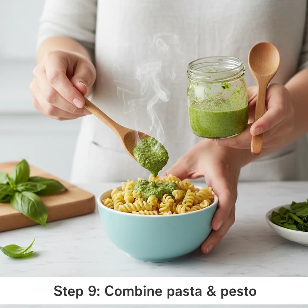 Step 9: In a small bowl, combine the slightly cooled pasta with 1-2 tablespoons of the pesto sauce. Start wi for Baby's First Pesto Pasta (Spinach Basil Delight)