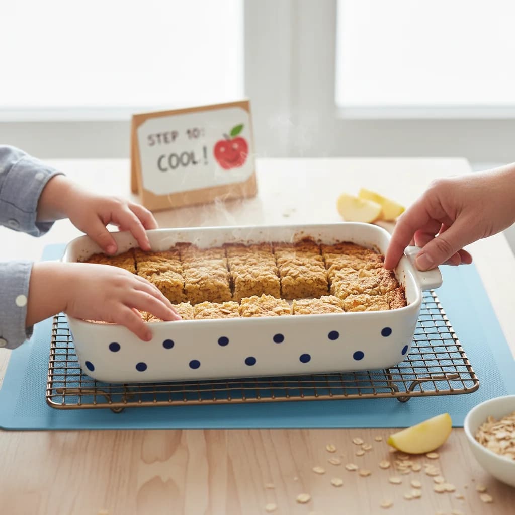 Step 10: Remove from the oven and let cool completely in the baking dish. Cooling helps the oatmeal solidify. for Apple Oatmeal Fingers for Tiny Hands